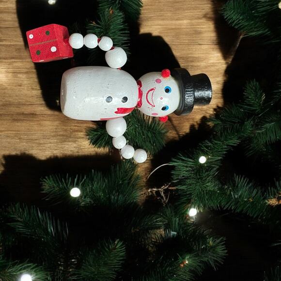 Rare MCM Hand Painted Wooden Snowman Christmas Holiday Ornament Gift Bead Arms - Picture 5 of 12